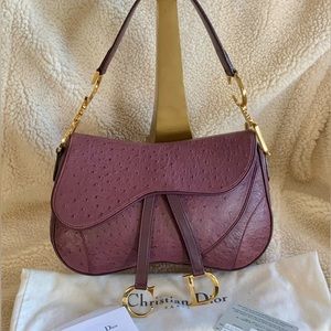 Vintage Pristine Christian Dior Aubergine double saddle handbag in Ostrich